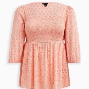 Torrid Peach Eyelet Smocked Babydoll Blouse Size 1 / 1X